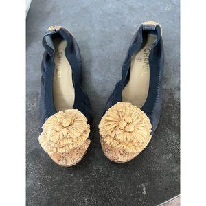 CHANEL Black and Tan Espadrilles with Floral Accent